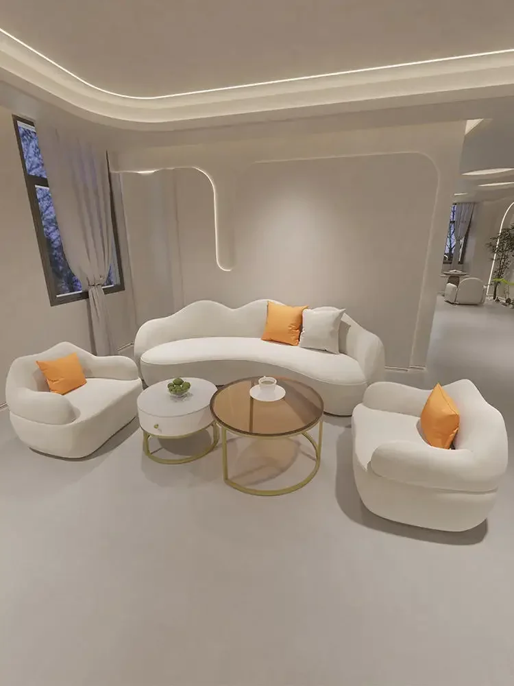 New white sofa lounge area Reception double sofa Small unit Wabi-Sabai Apartment Hotel Lobby beauty salon