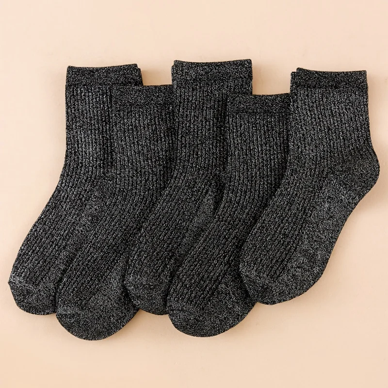 5 Pairs Of Women's Solid Color Vertical Stripe Personalized Design Gold And Silver Wire Shiny And Casual Sparkling Long Socks