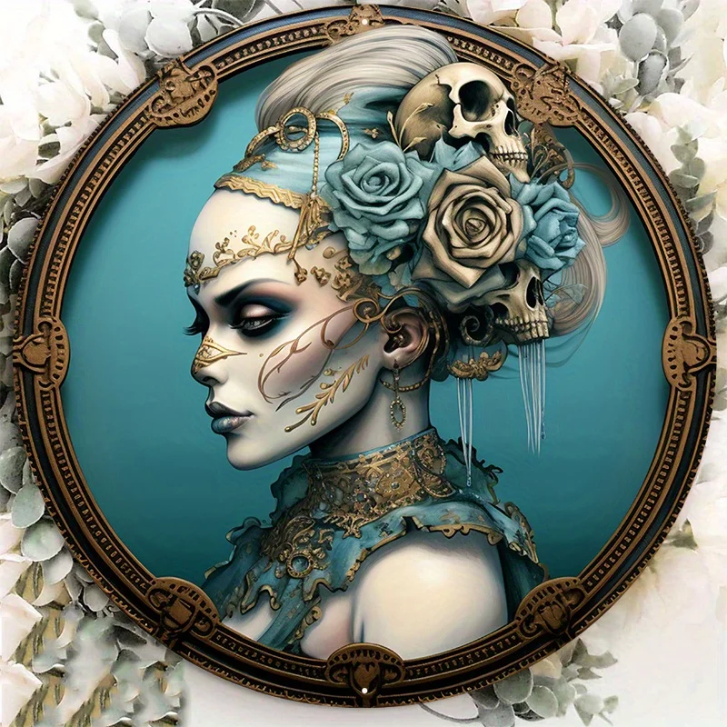 

Large Aluminum Metal Decorative Sign, Unique Skeleton, Woman and Rose Head, Round Wreath Design, Wall Art, Home Decor, 8x8In 1Pc