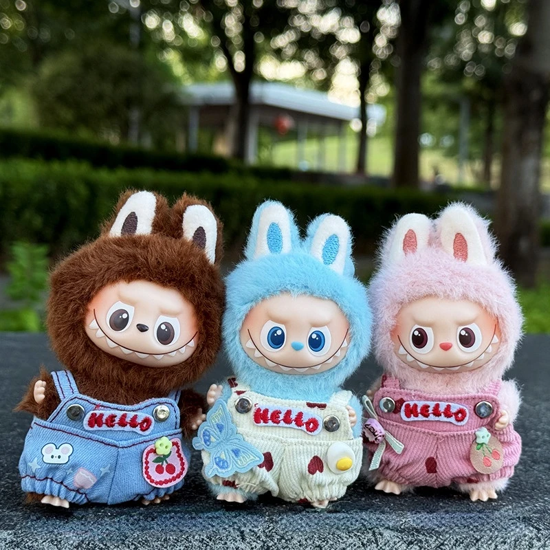 

Wearable Cartoon Hello Denim Overalls & Headphone Accessory Set For 10cm Mini 4th Generation Labubu 4.0 Doll Outfits
