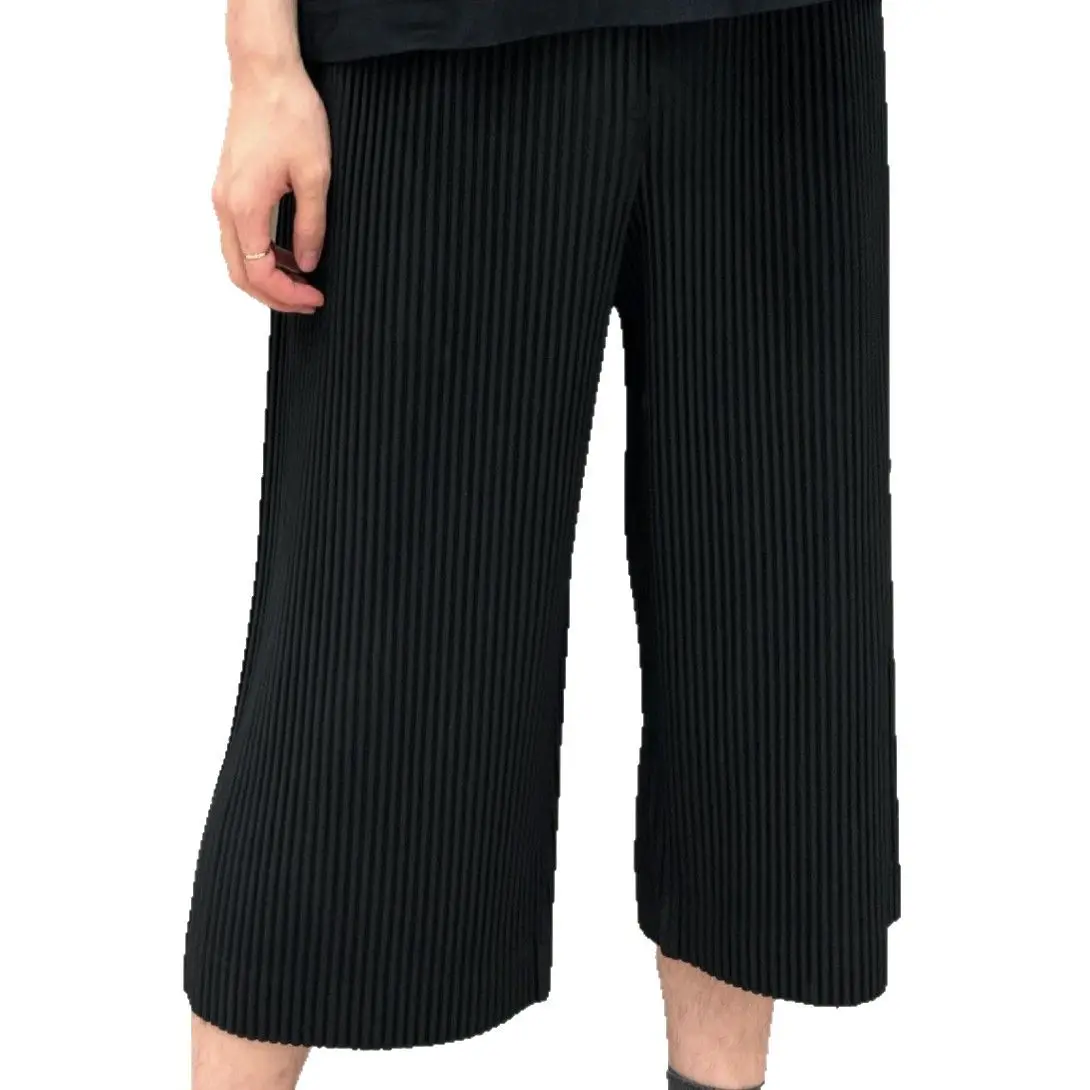 Miyake Men's Summer 2025 Straight Pants Japanese Pleated Trend Fashion Plisse Premium Design Loose Casual Wide Leg Cropped Pants