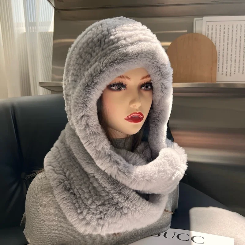 Women Knitted Real Rex Rabbit Fur Hat Hooded Scarf Winter Hats for Woman Fall Cap Warm Natural Fur Hat with Neck Scarves Bonnets