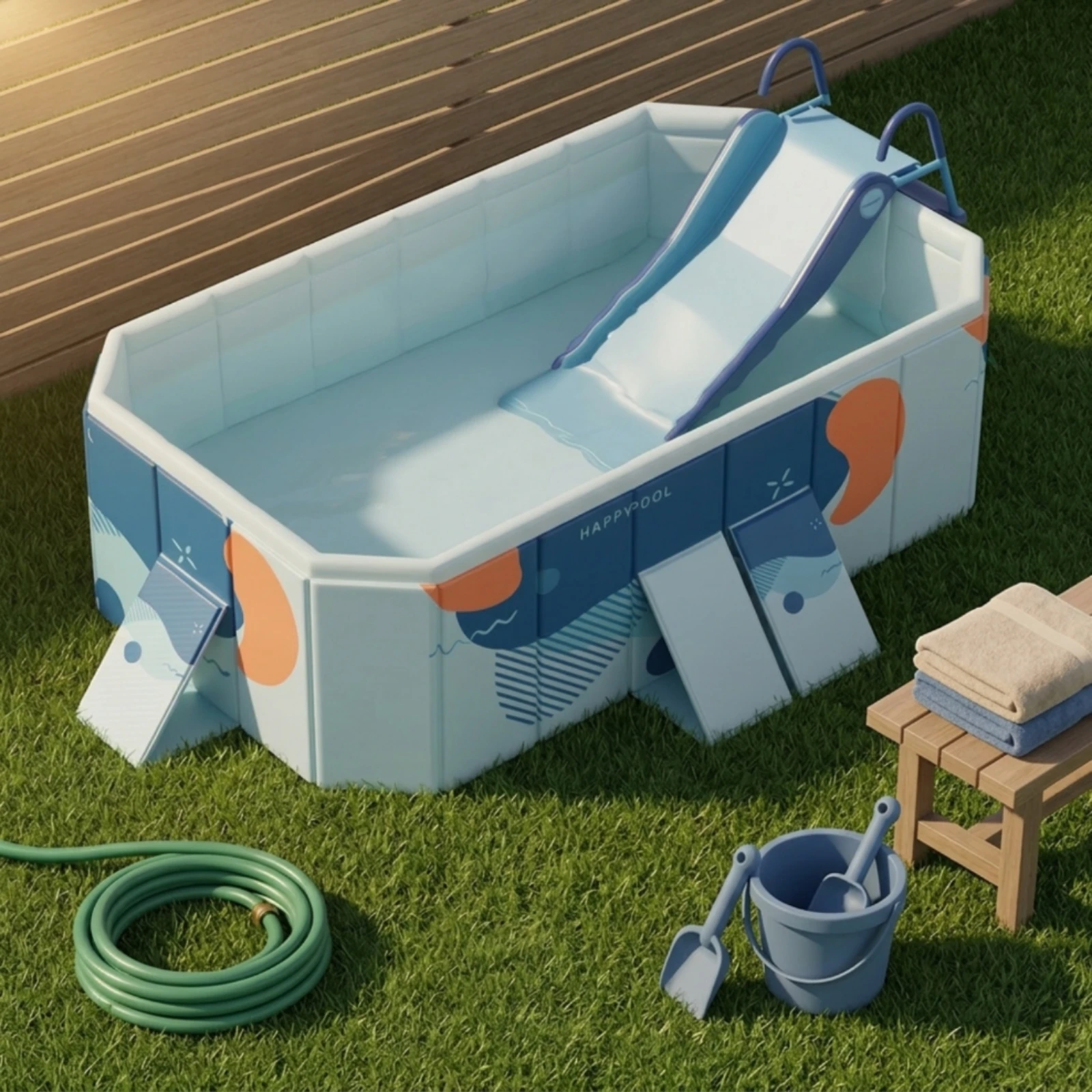 Pool with Slide Foldable Non-Inflatable Pool Portable Heavy Duty for Children, Backyard, Garden
