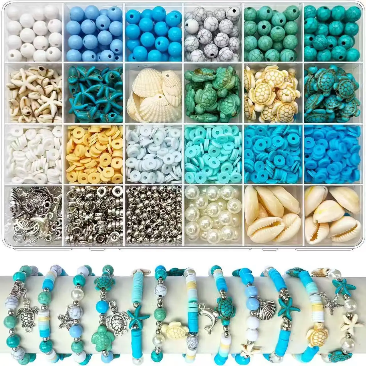 Ocean Beads for Bracelets Making Kit,Sea Turtle Shell Starfish Shape Beads 8mm Round Bead for DIY Craft Bracelets Earring