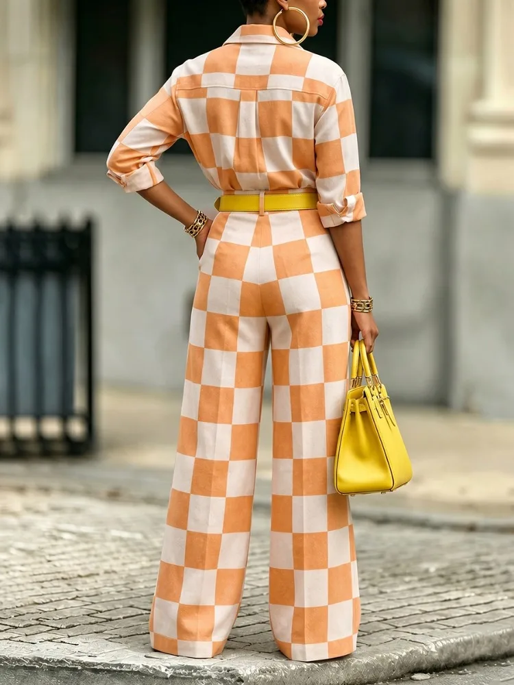 Yeezzi Women Fashion Orange White Plaid Lapel Blouses 2026 New Long Sleeves Loose Pockets Casual Office Shirts Tops For Ladies view 4