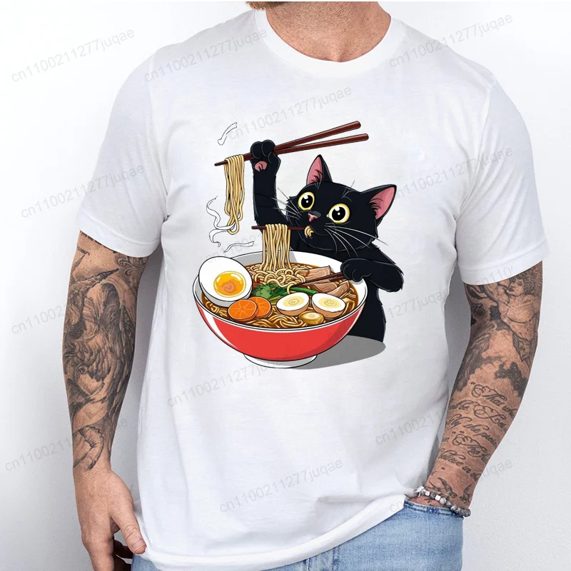 Ramen Cat Tshirt for Women Men Japanese Style Cat Lover T-Shirt Kawaii Cartoon Short Sleeve T Shirts Mens Clothes Tee Shirt Tops