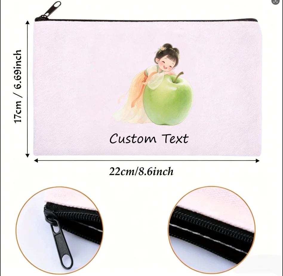 1PC Custom Text Chinese Hanfu Girl Green Apple Cosmetic Pouch Cute Cartoon Zipper Makeup Bag Personalized Canvas Storage Gift