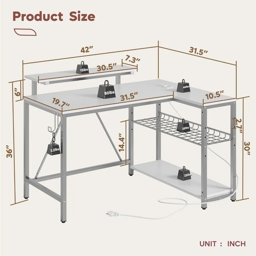 مكتب كمبيوتر أبيض من Bestier مع منفذ شحن وشريط LED، مكتب ألعاب حديث مقاس 42 بوصة مع أرفف تخزين قابلة للعكس، مقاس صغير L Sh
