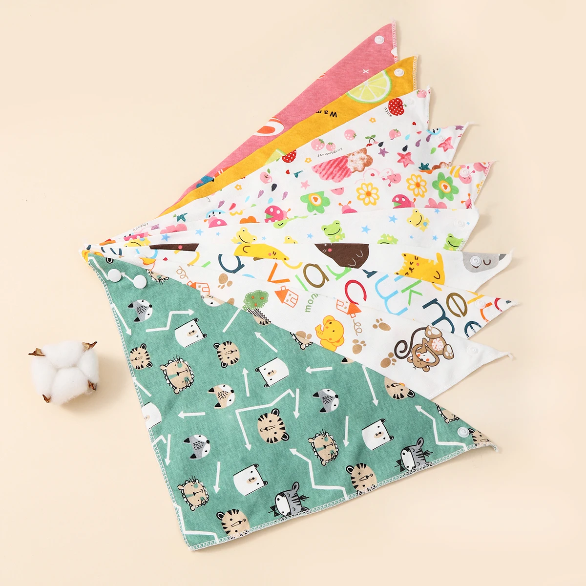 아기 턱받이 삼각형 이중 레이어 코튼 만화 동물 프린트 아기 반다나 턱받이, 트림 천 아기 물건, 무작위 5 개