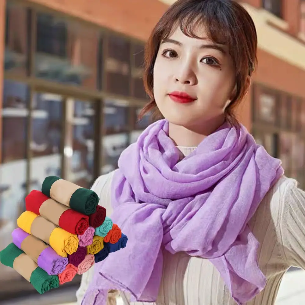 

Cotton Linen Solid Color Shawls Woman Long Scarf High Quality Head Wraps Long Headscarf Travel Elegant Thin Vacation Ladies Wrap