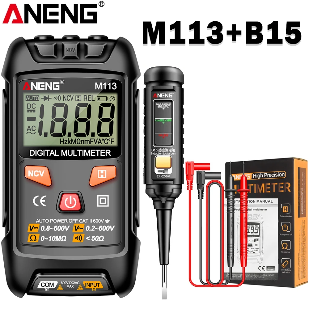Digitale multimeter Intelligente AC/DC-spanningsmeter ANENG M113+B15 Eén-woord-schroevendraaier Highlight Indicator Elektricienkit-tester