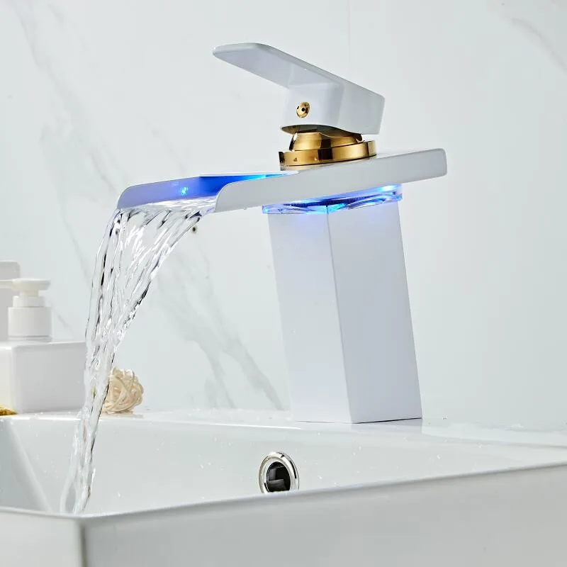 

LED Faucet Bathroom Waterfall Faucet White and Gold Brass Basin Faucet. Bathroom Mixer Tap Deck Mounted Basin