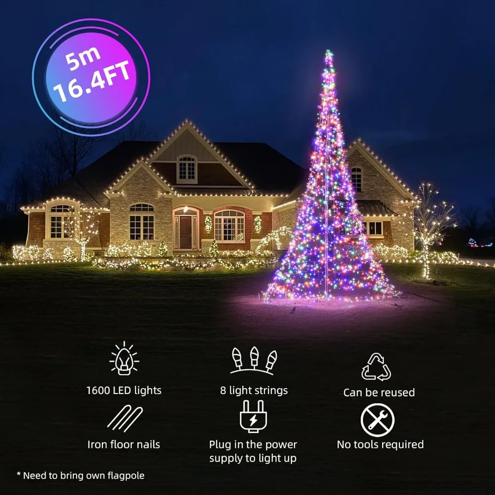 Outdoor LED Christmas Tree - 16.4 Feet Tall, 1600 Multicolor Lights, Compatible with Existing Flagpoles #5