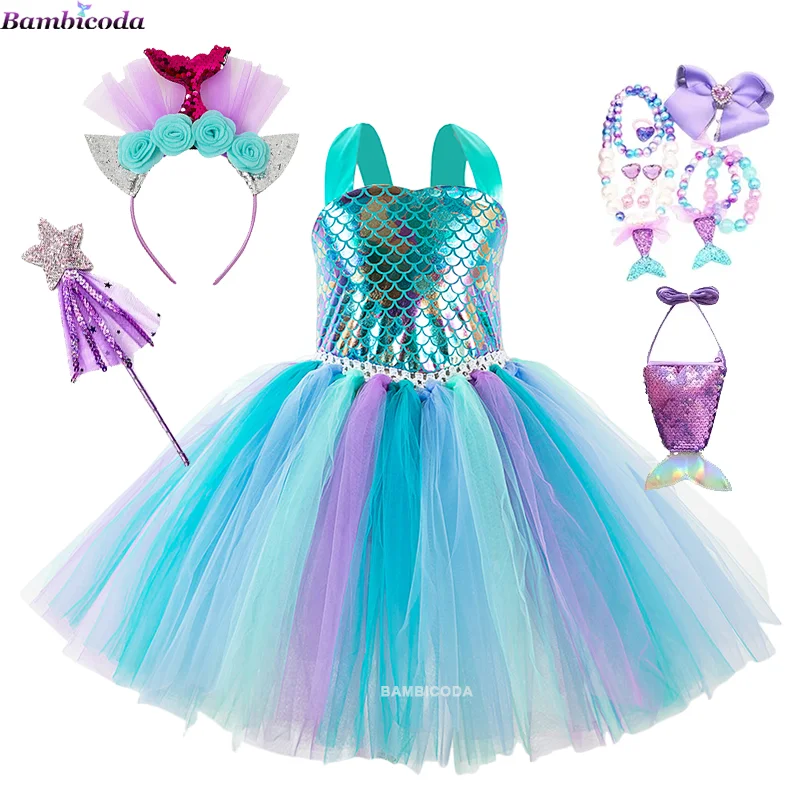 Girls Little Mermaid Ariel Princess Dress GirlsTutu Knee Dress Kids Birthday Halloween Carnival Party Cosplay Mermaid Costume