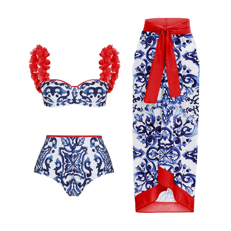 2023 Sexy 3D Red Flower One Piece Swimsuit Bikini Set with Skirt Vintage Print Summer Swimwear Women Bathing Suit Beachwear