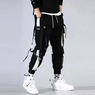 Men's Casual Letter Flap Pocket Drawstring Cargo Pants All-match Loose Pantalon Cargo Homme Classic Fit Elastic Work Trousers