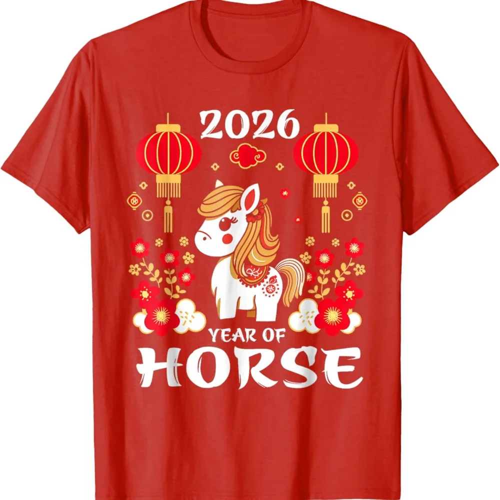 2026 Year of The Horse Tshirt Lunar New Year Shirt Chinese New Year T-Shirt Cute Zodiac Horse Cartoon Printed Tee Women Tops