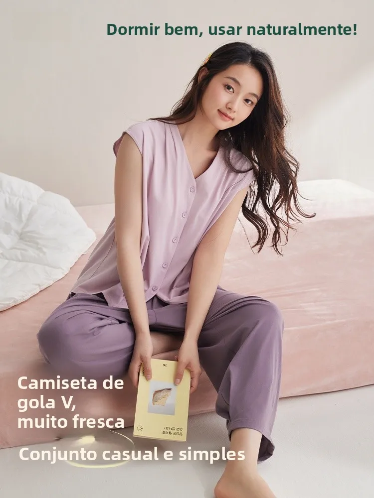 anziban-summer-pure-cotton-sleepwear-women's-casual-v-neck-sleeveless-long-pants-home-clothes-set-breathable-comfortable