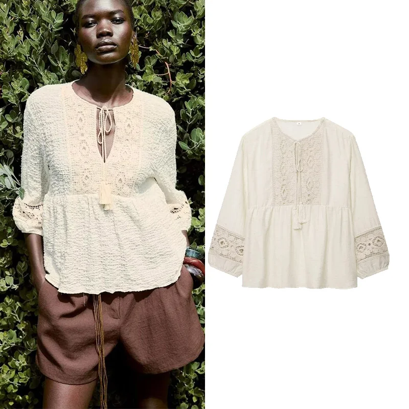 

TRAF Crochet Combined Blousers With Tie Women Summer Rustic Women's Shirt O Neck Long Sleeve Hollow Embroidery Shirts & Blouses
