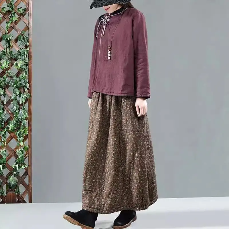 2023 New Retro Art Floral Cotton And Linen Skirt Elastic Waist Thickened Warm Mid Length Quilted Skirt Winter Warm Faldas z4172