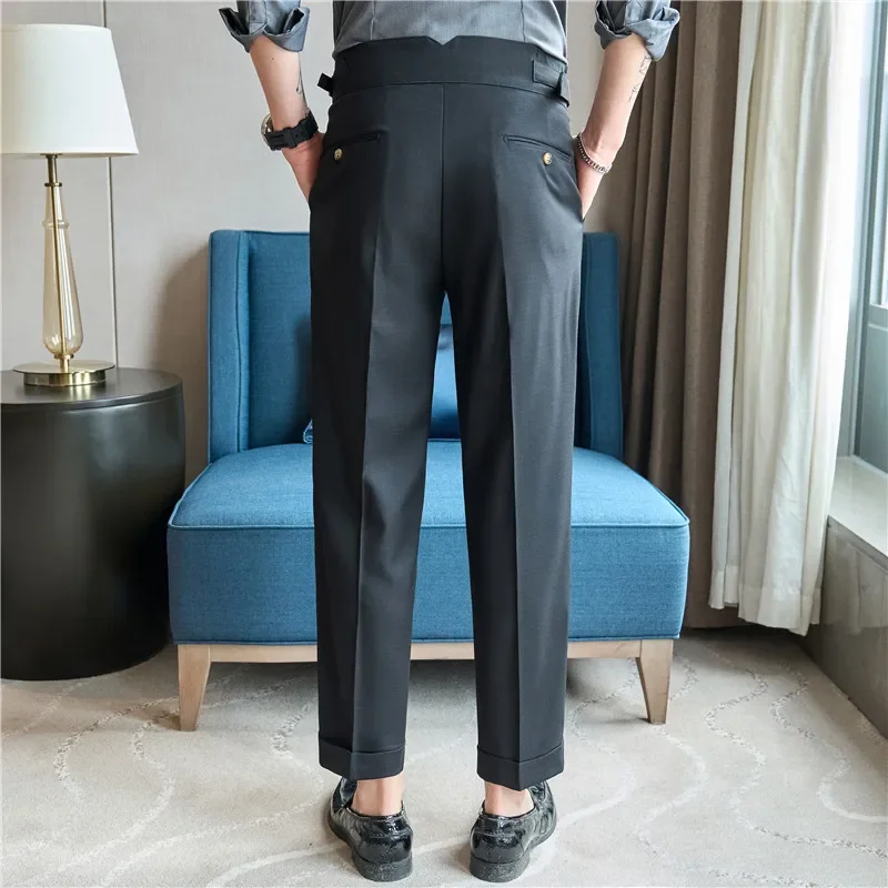 High Waisted Dress Pants 2024 Autumn British Style Solid Casual Trousers Elastic Slim Fit Formal Suit Pants Fashion Men Clothing