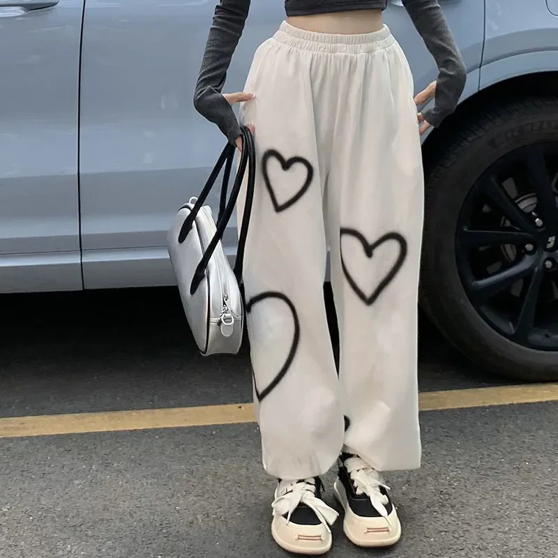 

High Quality Heart Printing Casual Pants Women Bf Cotton Vintage Loose Straight Jogging Pants Fashion Hip Hop Streetwear