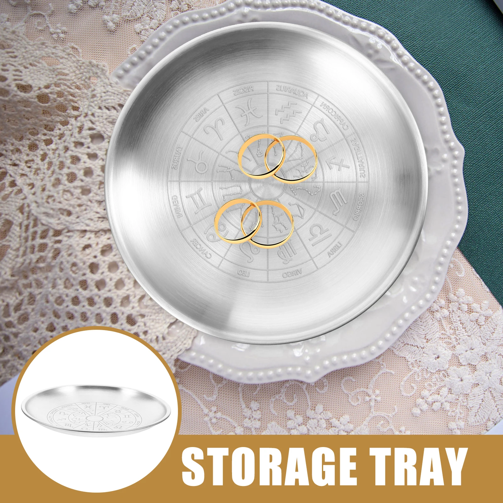 

Stainless Altar Tray Decorative Metal Round Storage Plate Ritual Holder Jewelry Display Constellation Pattern Polished