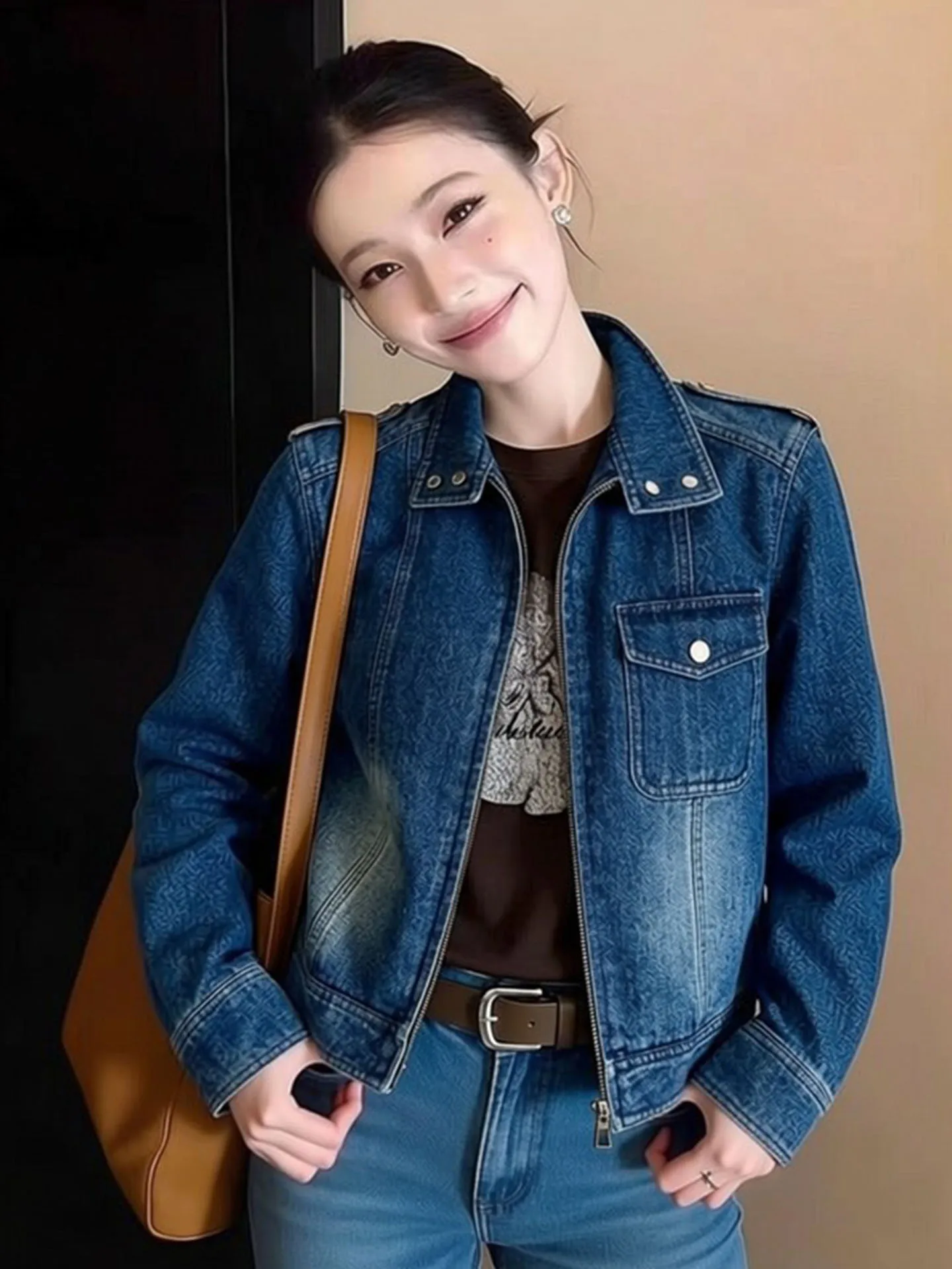 

Retro Blue Denim Jaet Women's ort Collar Slimming Spring 2026 Faionable Versatile Ladies' Outerwear Stand Fit Zipper