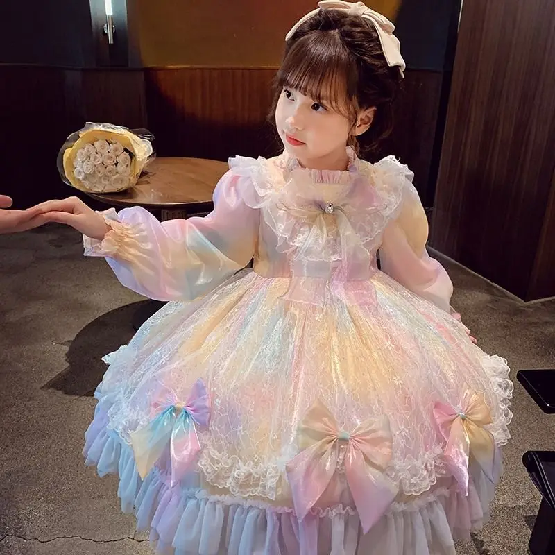 2024 Kids Girls Lolita Summer Rainbow Tulle Dress Cute Birthday Party Princess Dresses for Girl Fashion Tutu Vestidos 3-10 Years