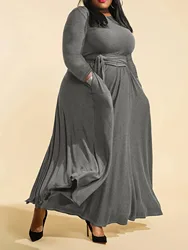 Autumn Winter High Waist Long-sleeved Plus size Dress Gray Color Round Collar Pockets Casual Dresses Big Size Clothing