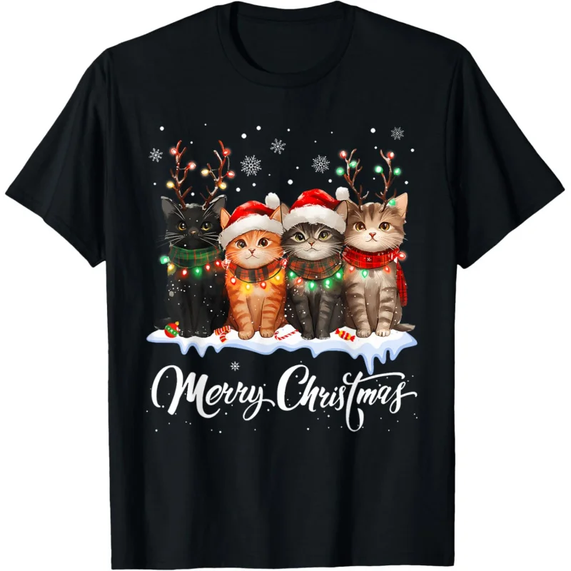 Merry christmas Cat Christmas Light Reindeer Santa Christmas T-Shirt Loose men's and women's