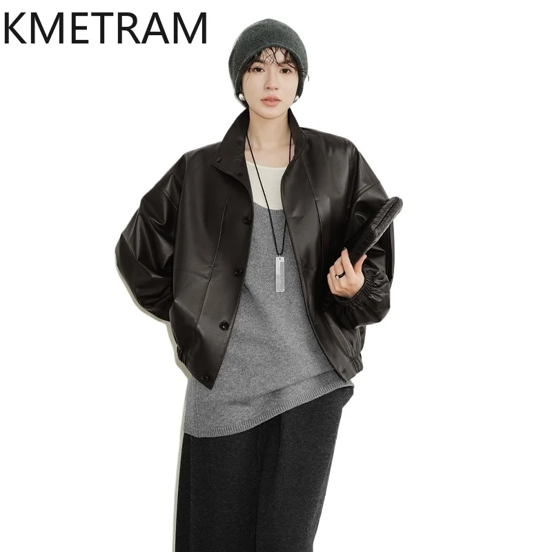 

KMETRAM Genuine Leather Jacket Woman Vegetable-Tanned Sheepskin Short Jackets Stand Collar Coats Autumn Women Clothing 2026 가죽자켓