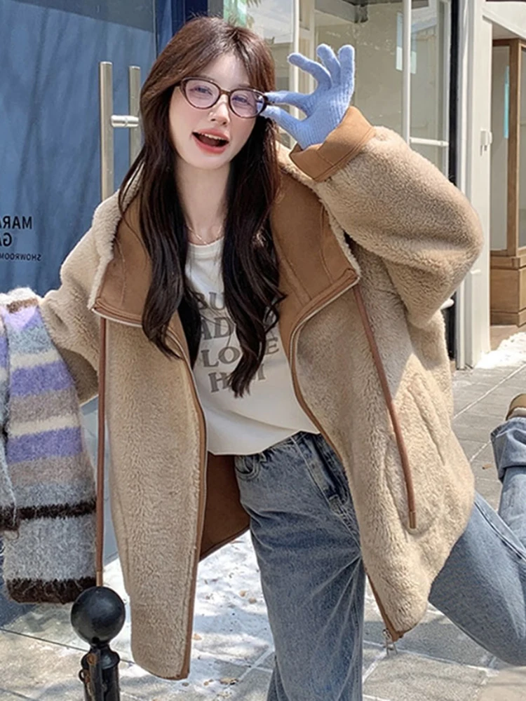 Korean Lazy Sle Hooded Lamb Fur Jaet Women's ort Warm Cotton Coat Zipper Casual Outerwear Spring Autumn Winter New Arrival