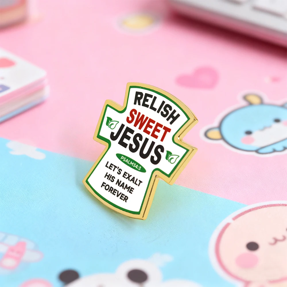 Relish Sweet Jesus Christus Kreuz Emaille-Pin Psalm 34:3 Schrift-Brosche Rucksack- & Jacken-Accessoire Christlicher Schmuck Glaubensgeschenk – Detail 9