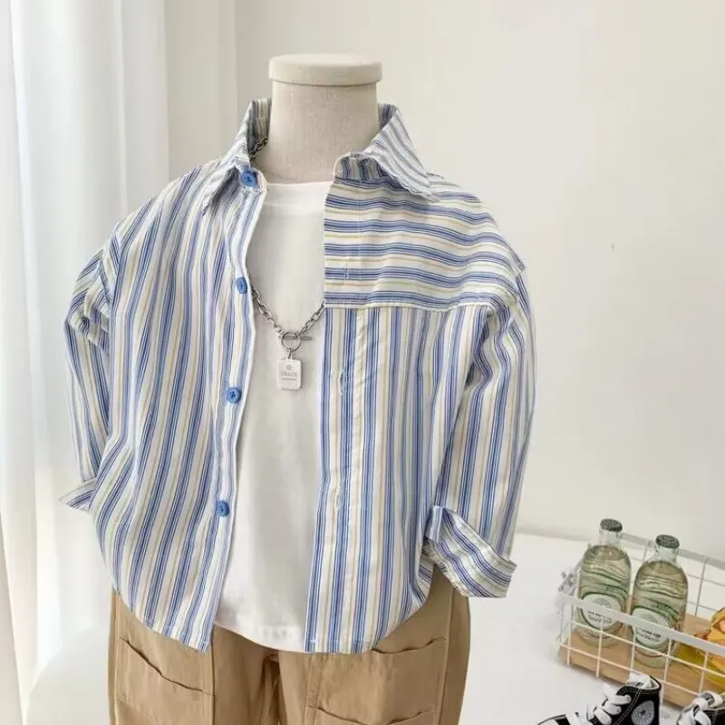 Children's Cotton Shirt Spring and Autumn New Long Sleeve Shirt Boys' Korean Vertical Stripe Casual Top