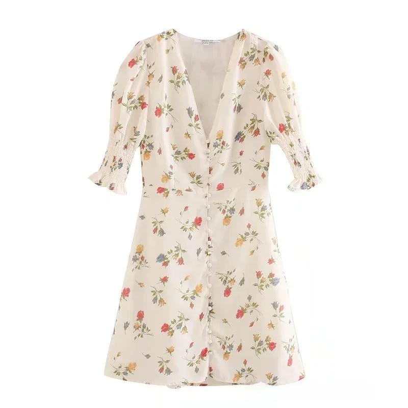 レトロな花柄プリントスリムフィットドレス女性のアボカドグリーン V ネックヘップバーンスタイルバブルスリーブティーブレイクスカートショート A ラインドレス