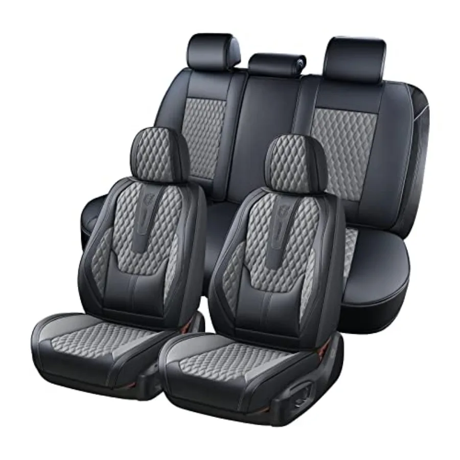 

Car Seat Covers Full Set Nappa Leather for Car Waterproof Lumbar Support Universal Fit Black Gray