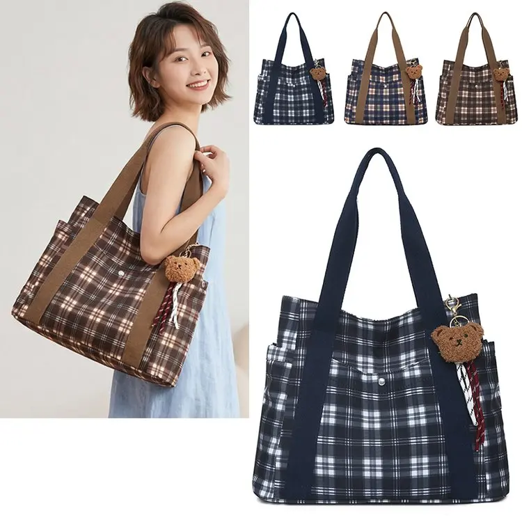 2026 New Large Capacity Plaid Tote Bag Women's Fashionable Commuter Single Shoulder Bag Artistic Forest System College Students