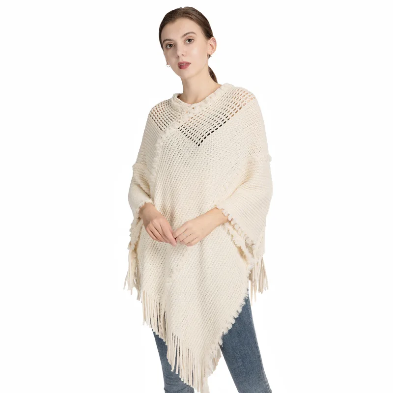 Poncho de punto con borlas para mujer, chal de chenilla de imitación de Cachemira, capa gris, Otoño e Invierno