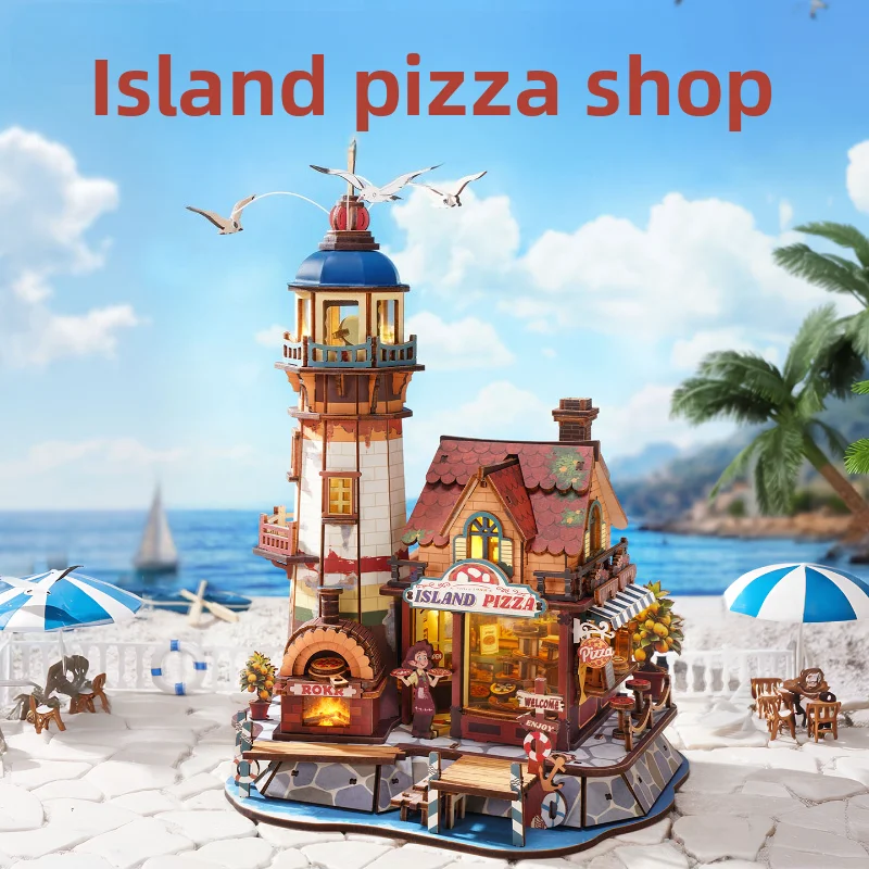 Island Pizza Shop 3D Puzzle Assembly Building Block Model DIY Handmade House Birthday Gift  Puzzle Decorations