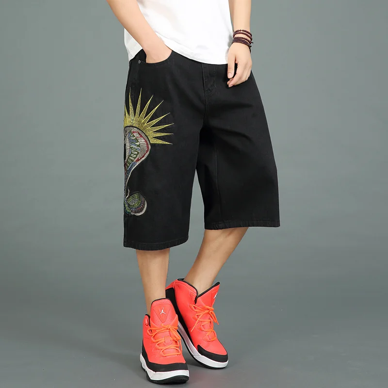 Mens Denim Shorts Snake Embroidery Hip Hop Loose Wide Leg Jeans Baggy Cropped Pants for Male