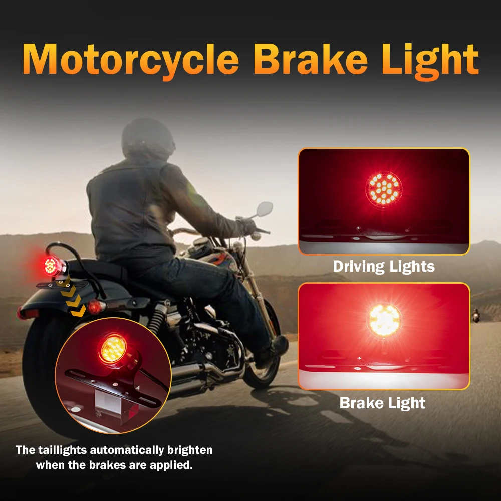 Motorcycle Rear Tail Brake Stop Light LED Retro Red Lamp W/ License Plate Mount for Harley Chopper Bobber Cafe Racer