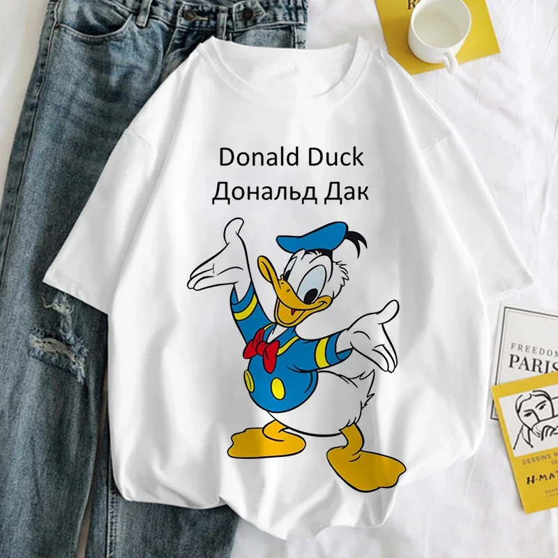 Branco topos pato donald margarida dos desenhos animados impressão camiseta feminina harajuku estética tshirt moda y2k feminino t camisa roupas