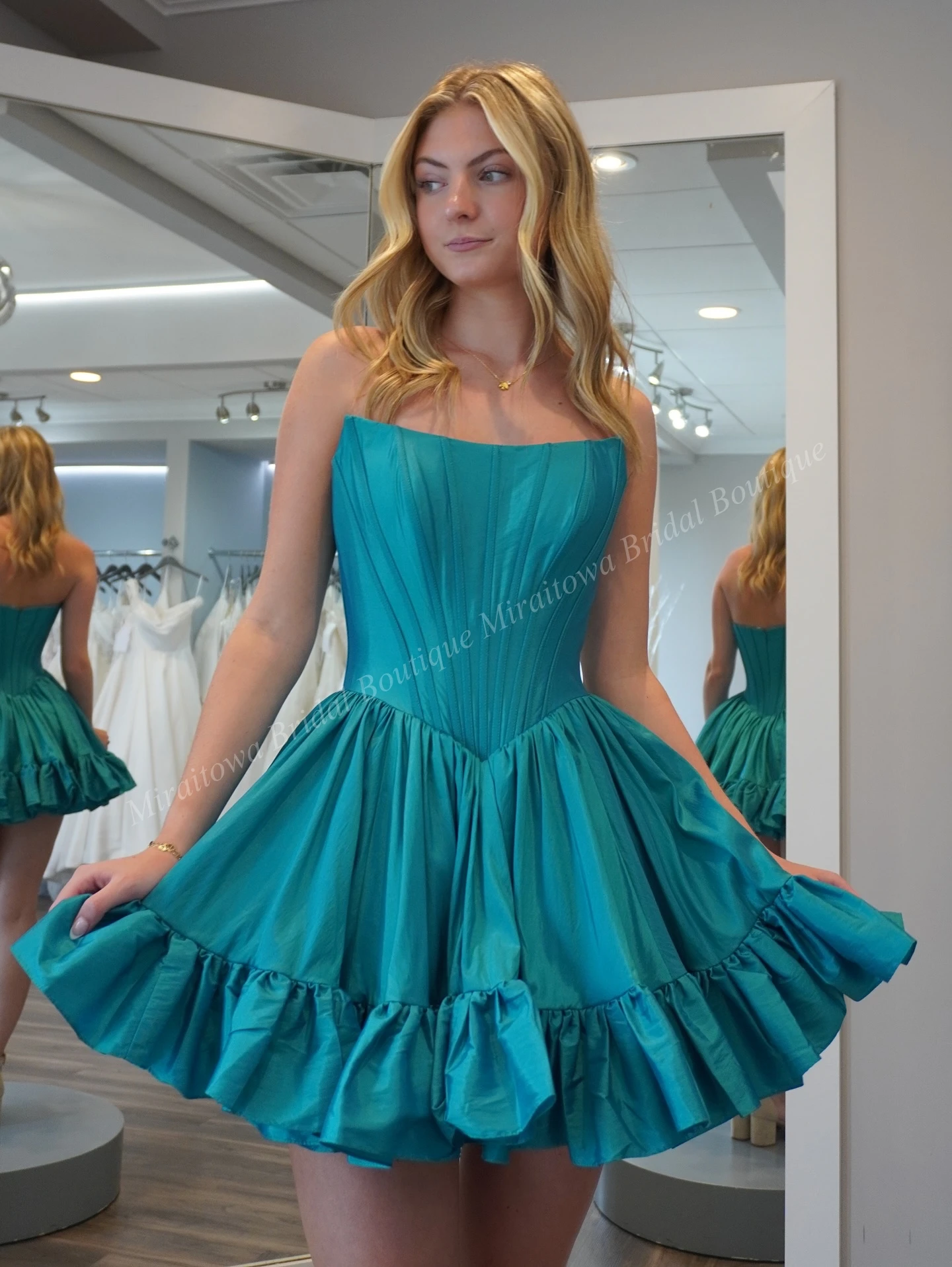 Abito da cocktail rosa con corsetto senza spalline in taffettà verde acqua corto dolce 16 semi formale abito da laurea Hoco spettacolo intervista danza