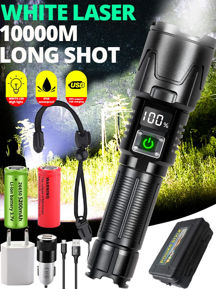 

High Power LED Flashlight White 700W USB Camping Lantern Tactical Torch 8000M+ Long Range Waterproof Strong With Digital Display