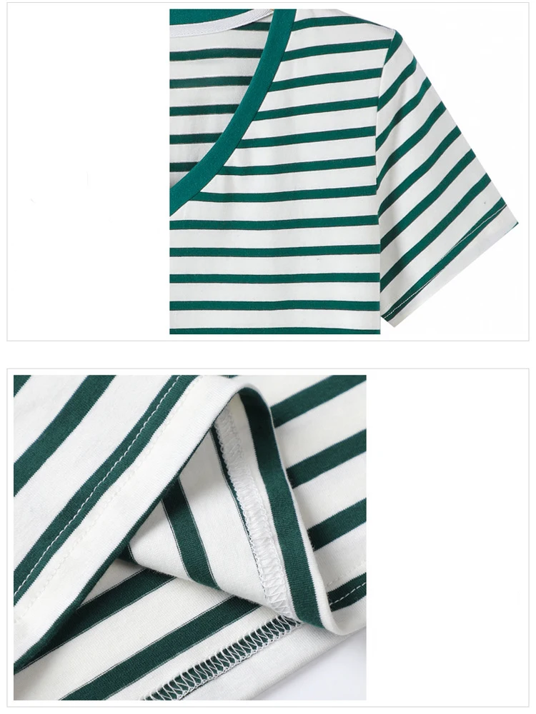 Cotton Short Sleeve Tshirt Women Striped Basic T Shirts Korean Fashion Woman Clothes Summer V Neck Top Casual Tee Shirt Femme