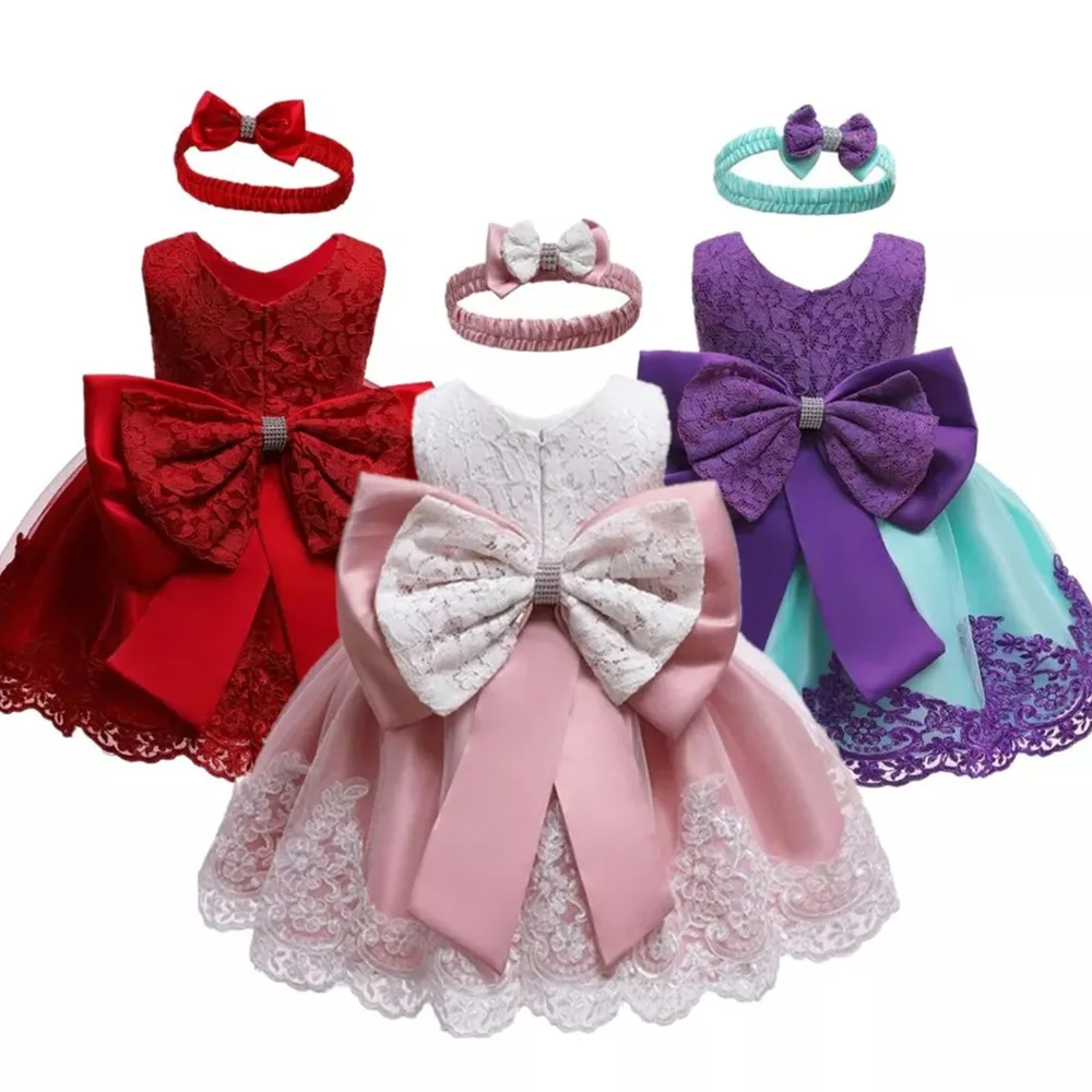 

25 Colors Baby Princess Dress One Year Old Dress Bow Lace Cake Dress Sleeveless Dress Send Hairband 0-7 Year old