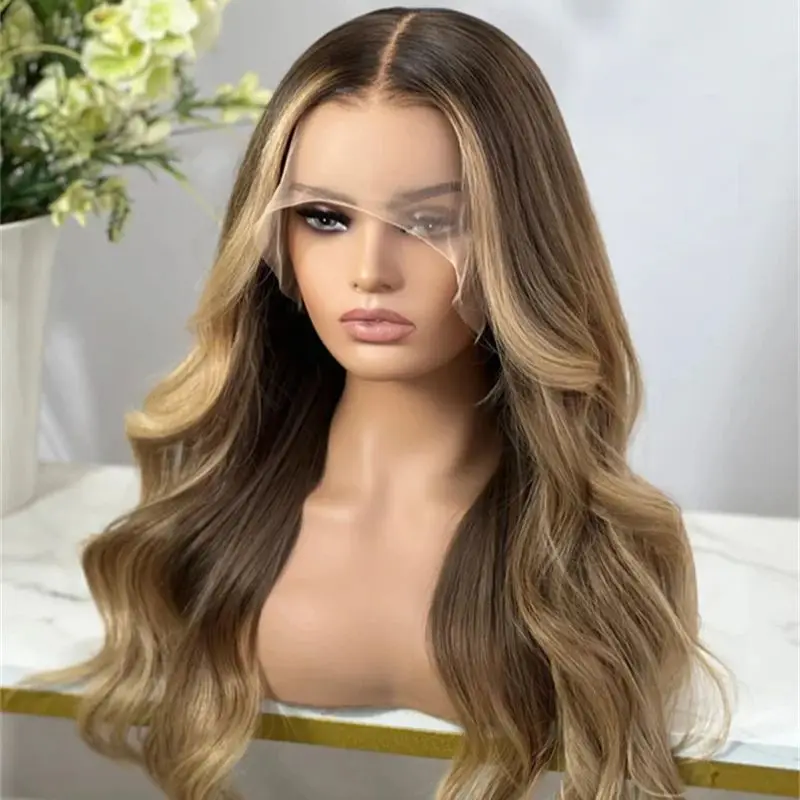 Ombre Brown Blonde Synthetic HD Lace Front Wig with Roots Luxury 13x4 Lace Top Wig for Women Realistic Lace Front Wig Party Wigs