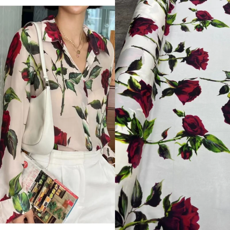 2023 New White Bottom Red Rose Silk Elastic Crepe De Chine Fabric Half Skirt Shirt Dress Fabric for Sewing Clothing Fashion