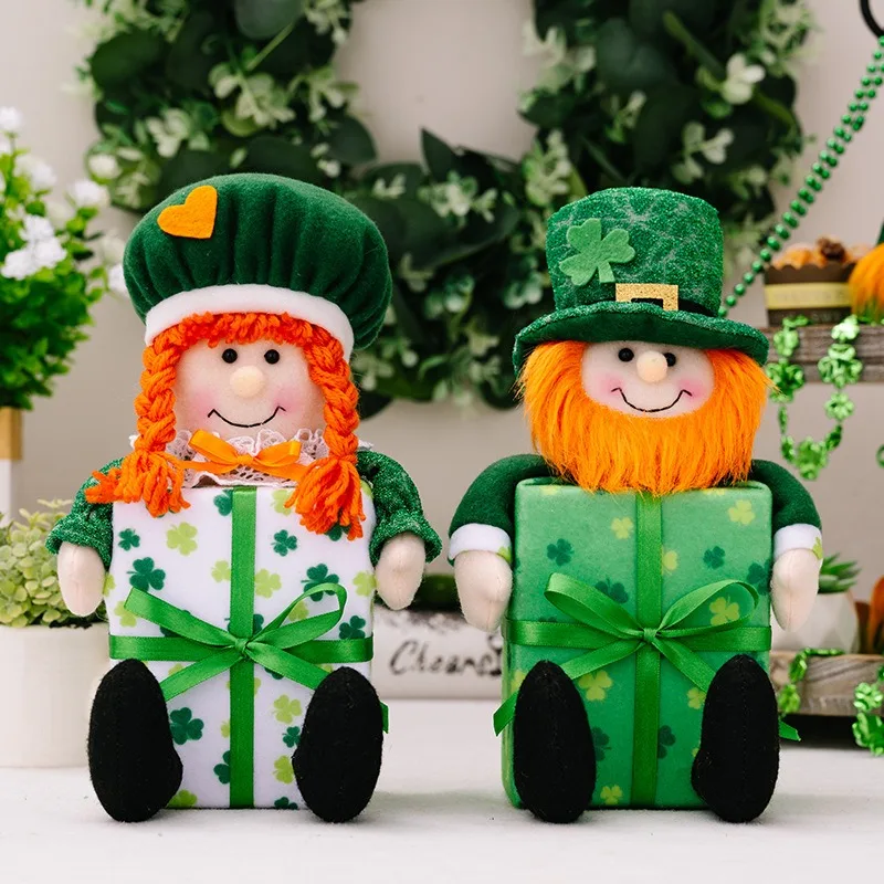 St. Patrick's Day Irish Gnome Figurine With Gift Box Green Leaf Festival Girl Doll Ornament Cute Home Decor Irish Festival Party